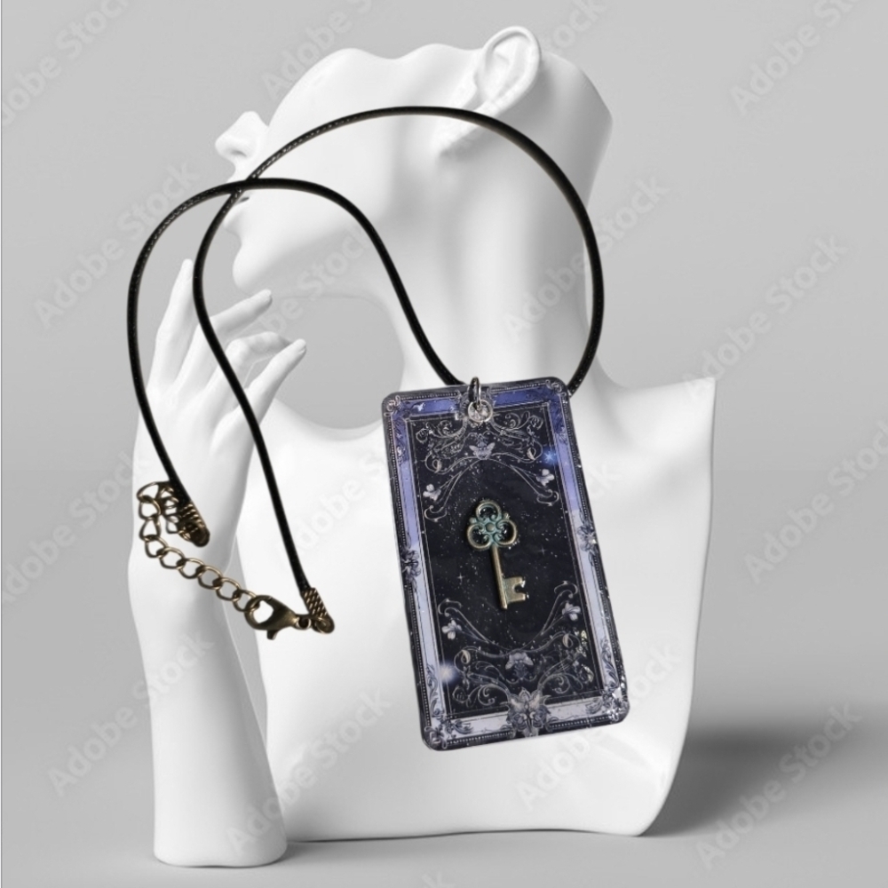 4/$15 Black Silver Key Pendant Necklace Junk Journal Handmade Witchy Whimsigoth